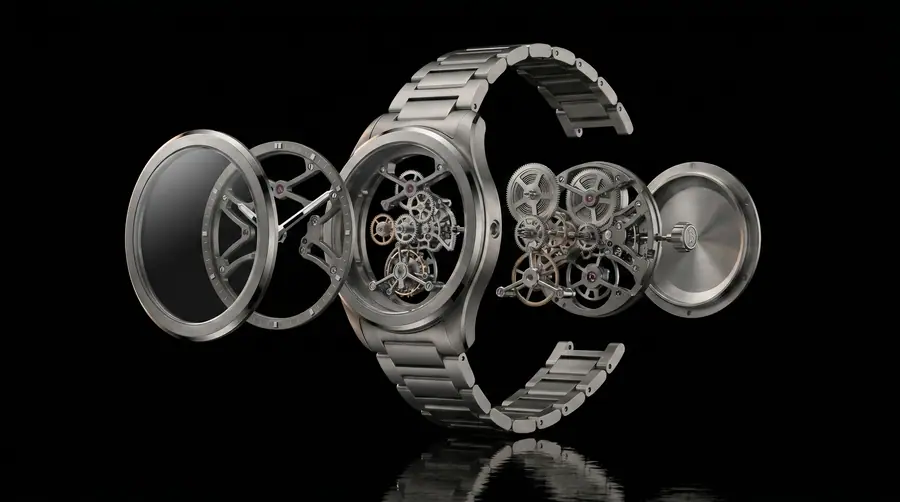 OSCILLA exploded still: the same watch, parts apart